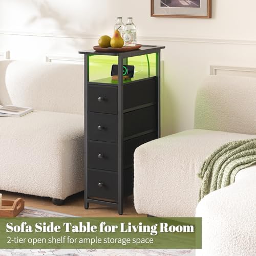 Yoobure Narrow Nightstand with Charging Station, LED Tall Narrow Side Table