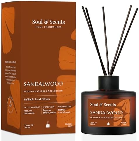Soul & Scents 7.44 oz (220ML) Sandalwood Reed Diffuser Set with 6 Fiber Sticks|Stress Relief & Aromatherapy|Long-Lasting, Smoke-Free Air Freshener for Home, Bedroom & Office Decor|Ideal for Gifting