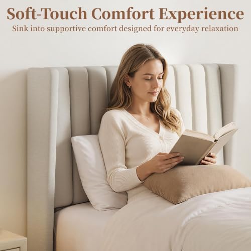 Yaheetech Twin Bed Frame with Headboard,Ivory Channel-Tufted Platform