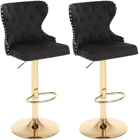 Set of 2 Adjustable Swivel Bar Stools, Velvet Upholstered Counter Height Chairs with Nailhead Trim, Gold Footrest, and High Back for Kitchen Island, Home Bar, Dining Room, Cafe,Black
