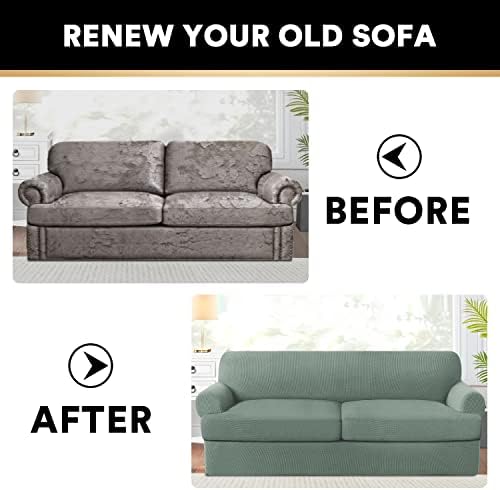 PrinceDeco T Cushion Sofa Slipcover 3 Pieces Sofa Covers for T Cushion Couch Soft Couch Covers Sofa Slip Cover Furniture Covers with 2 Individual T Shape Seat Covers Width Up to 88", Sage