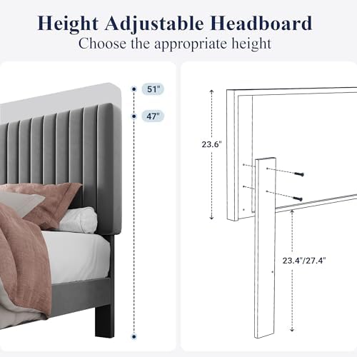 Allewie Full Bed Frame, Velvet Upholstered Platform Bed with Adjustable Vertical Channel Tufted Headboard, Mattress Foundation with Strong Wooden Slats, Box Spring Optional, Easy Assembly, Grey
