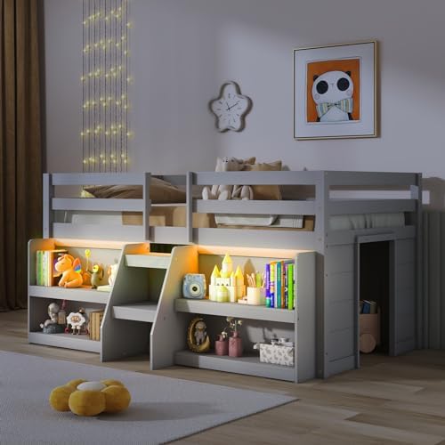 GIANTEX Twin Loft Bed with LED Lights, Wooden Loft Bed Twin Size with Stairs & Safety Guardrail, Low Loft Bed for Kids with Storage Bookcase and Under-Bed Play Space, Grey