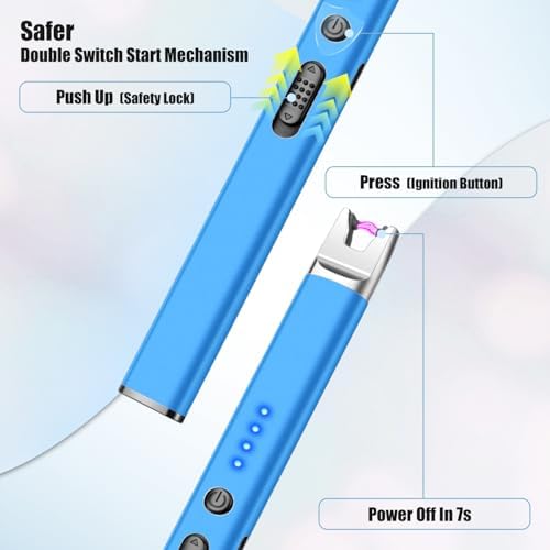 LcFun 2 Pack Blue Candle Lighter Electric USB Rechargeable Plasma Arc Lighter with Safety Lock, Windproof Flameless Long Lighters for Candle, Grill, BBQ, Camping, Gas Stoves
