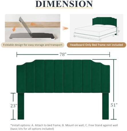 Befurtori King Size Headboard Only, Velvet Wall Mount Headboard, Jade Green