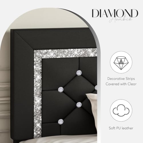 HOMBCK Twin Bed Frame with Headboard, Diamond Tufted Design, Black