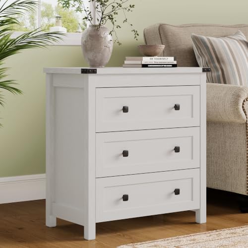 Farmhouse Nightstand with 3 Drawers, Wood Bedside Table, White