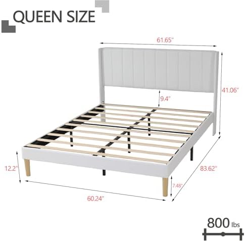 Queen Size Bed Frame with Linen Upholstered Headboard, White