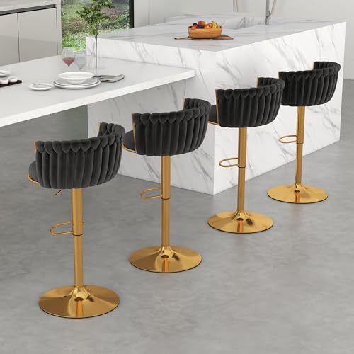 Gold Bar Stools Set of 4, Modern Adjustable Bar Height Barstools, Velvet Swivel Bar Chairs with Woven Backrest, Metal Footrest & Base, Upholstered Counter Stools for Kitchen Island, Black