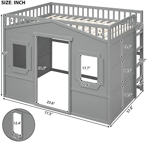 Bellemave Full Size Loft Bed with Play House Shape, Loft Bed Frame with Windows, Entertainment Space and Ladders for Kids, Boys, Girls and Teens, No Spring Needed (Gray)