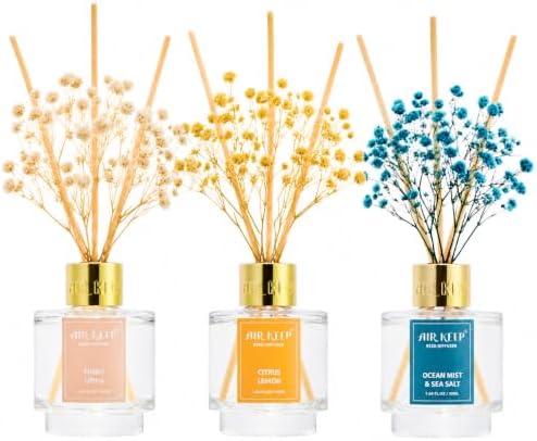 Airkeep Reed Diffuser Set of 3,Fresh Linen Ocean Mist&Sea Salt Citrus Lemon Oil Reed Diffusers for Bedroom Living Room Office Aromatherapy Oil Reed Diffuser for Gift 50ml x 3