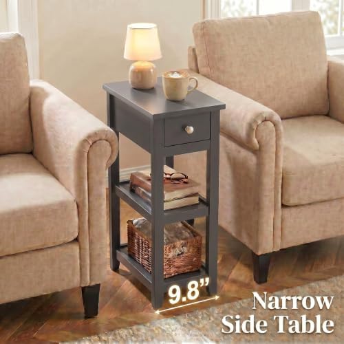 SEJOV Narrow Side Table, Small Grey End Table with Drawer and 2 Shelves