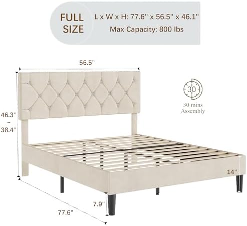 VECELO Full Size Bed Frame with Diamond Tufted Headboard, Upholstered Platform Bedframe with Wood Slat Support, No Box Spring Needed, Pala Beige