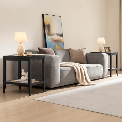 SICOTAS Rattan Bedside Table Set of 2, End Table with Storage