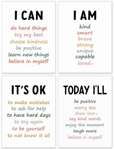 BESERH Positive Affirmation Wall Decor, Inspirational Motivational Quote Wall Art Prints Posters for Classroom Kids Room Nursery Playroom, 12x16 Inches Set of 4 Unframed