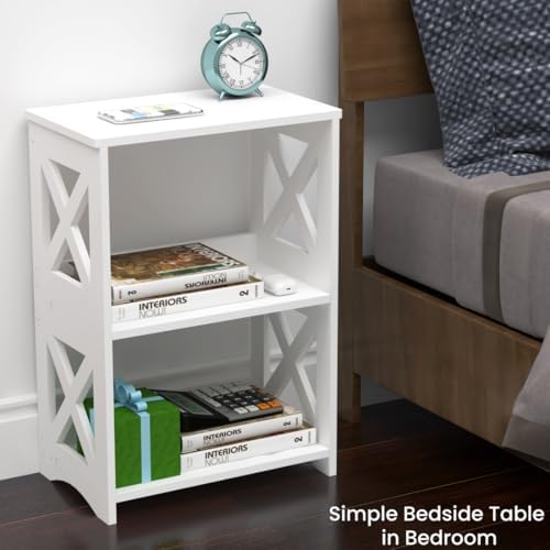 3-Tiers Narrow Side Table, Slim Nightstand Bedside Table, Small Bookshelf