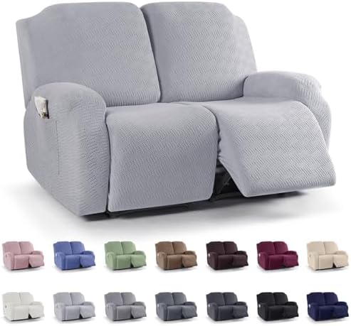 KinCam Recliner Covers, Stretch Reclining Chair Covers, Recliner Sofa Slipcovers Stripe Jacquard Recliner Couch Covers Furniture Protector Covers for Pet Kid (2 Seater, Silver Gray)