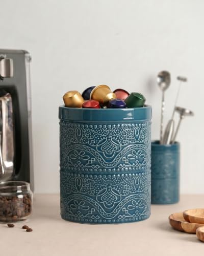 FUN ELEMENTS Kitchen Utensil Holder, 7.2" Super Large Utensil Crock Heavy and Stable Lace Emboss Ceramic Utensil Holder for Kitchen Counter (Grayish Blue)
