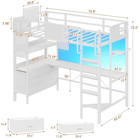 Loft Bed Twin Size with L-Shaped Desk and 5 Storage Drawers, White