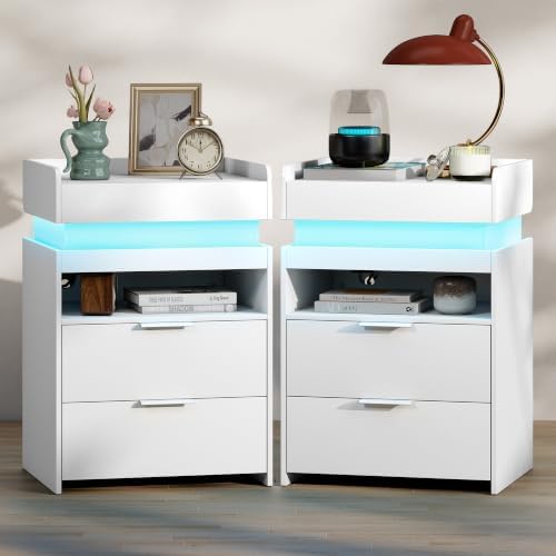Baoz Modern Nightstands Set of 2 with Charging Station & LED Lights,White