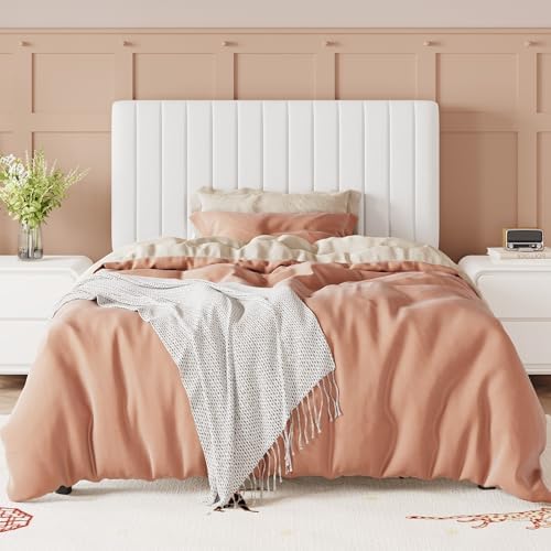 Allewie Twin Bed Frame, Velvet Upholstered Platform Bed with Adjustable Vertical Channel Tufted Headboard, Mattress Foundation with Strong Wooden Slats, Box Spring Optional, Easy Assembly, Off-White