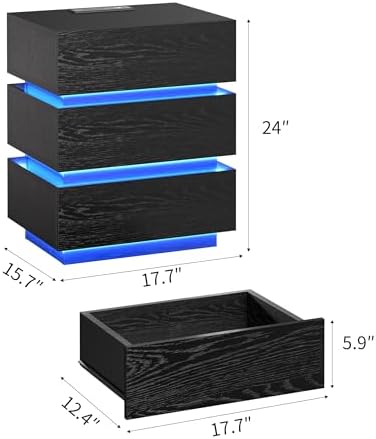 COWMOU LED Night Stand with Charging Station, 3 LED Strip Lights, 2 Outlets and USB-A/C Ports Bed Side Tables Bedroom Set Black End Table for Living Room