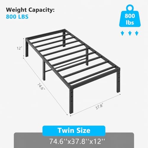Bonnlo 12 Inch Metal Platform Twin Bed Frame, Mattress Foundation Replacement,Heavy Duty Steel Slat Support,No Box Spring Needed,Black