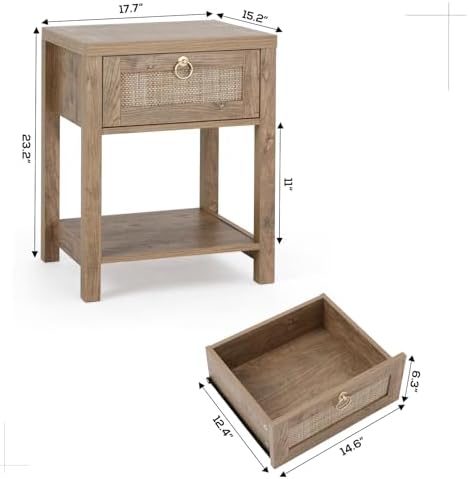 VOWNER Rattan Nightstands Set of 2 - Farmhouse Bedside Table Night Stand with Drawer and Storage Shelf, Boho End Side Table for Bedroom, Mesitas De Noche para Dormitorio, Dark Oak