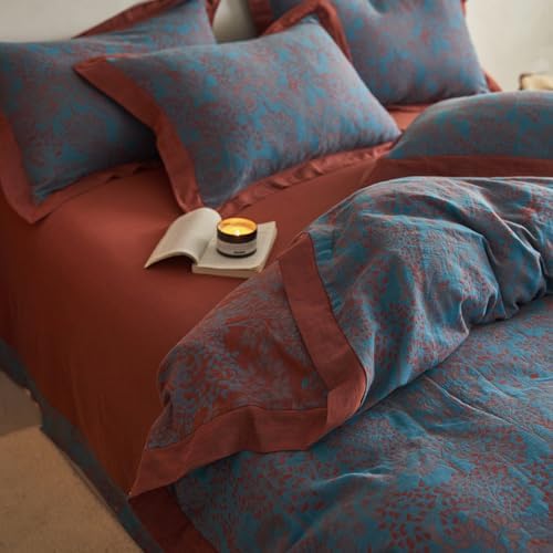 Blue Red Duvet Cover Queen,3 Pieces Retro Jacquard Forest Theme Tree Leaves Bedding Set,Linen Cotton Yarn-Dyed Textured Duvet Cover with Zipper Closure