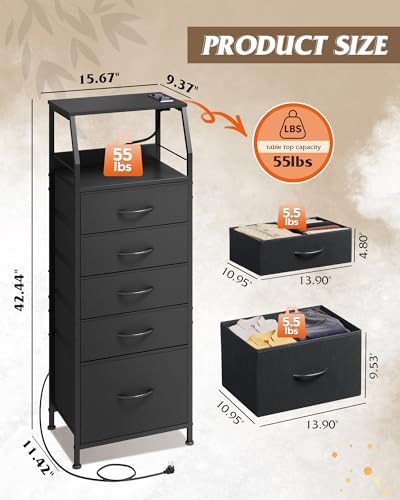 WLIVE LED Nightstand with Charging Station, Fabric Dresser with 5 Drawers for Bedroom, Tall Night Stand with Open Shelves, Bed Side Tables Living Room, Black