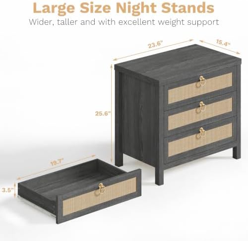Eclatara Large Rattan Night Stand Set of 2 Boho Nightstand with 3 Drawers