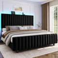 50" Tall Full Size Bed Frame with Adjustable Headboard, Upholstered Platform Full Bed Frame with Charging Station & LED Lights, Modern Luxury Velvet Tufted Bed, No Box Spring Needed, Black