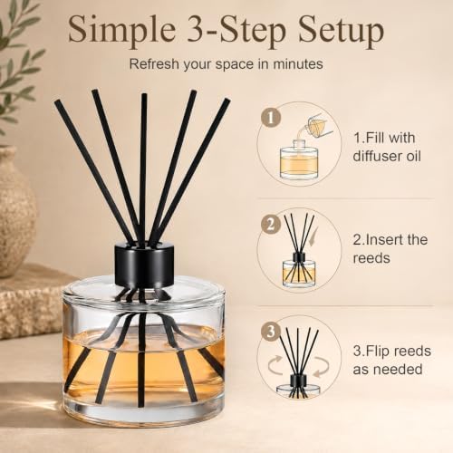 1set Glass Bottles Reed Diffuser Bottle Black Rattan Sticks Refillable Perfume Diffuser for Home Car Living Room Decor and Spa