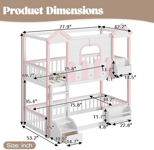 Twin Over Twin House Bunk Bed Frame with Bookshelf and Drawer, White
