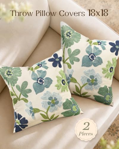 Embroidered Throw Pillow Covers 18x18 Inch, Set of 2, Teal Flower
