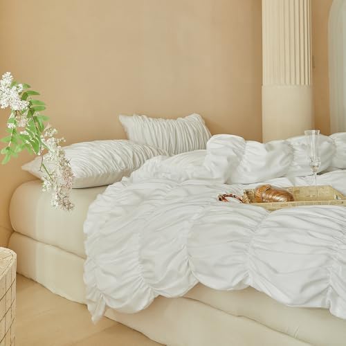 AOJIM White Ruched Full Duvet Cover 3Pcs French Chic Bedding for Bedroom