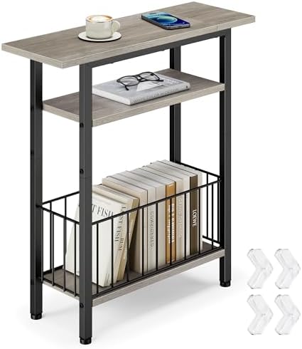 Vagusicc Narrow Side Table, Skinny Side Table for Couch, 3-Tier Small End Table for Small Spaces, Bed Side Tables with Storage, 25.2" Tall Slim Nightstand Bedside table for Living Room Bedroom, Greige