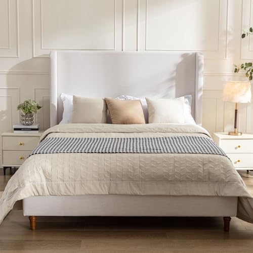 King Size 54" Tall Headboard Wingback Bed Frame Ivory Chenille