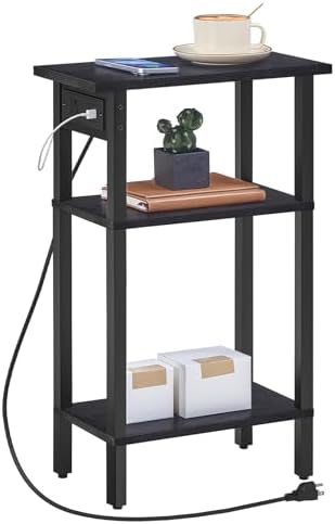 HOOBRO Narrow Side Table, 3-Tier Slim End Table with Charging Station, Skinny Nightstand with Open Storage, for Small Spaces, Living Room, Bedroom, Study, Rustic Brown and Black BB340UBZ01