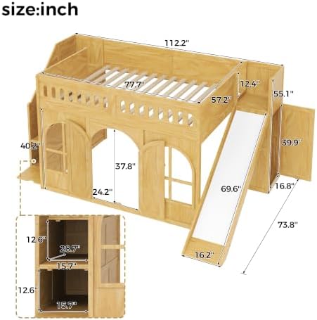 SOFTSEA Full Size Kids Loft Bed with Slide and Storage Stairs, Natural