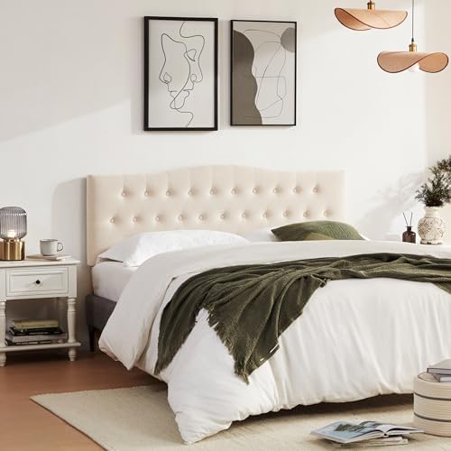 Tufted Headboard California King Size, Sturdy Solid Wood Head Board, Beige