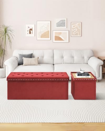 B FSOBEIIALEO Storage Ottoman Bench, 43" Velvet Ottoman With Storage, Red