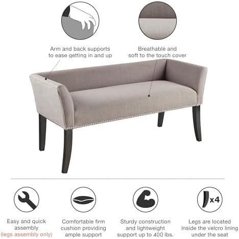 Madison Park Accent Bench, Upholstered with Nailhead Trim, & Padded Seat Entryway Bench Small, End of Bed Bench with Back, 49.5" W x 19.25" D x 23" H, Grey