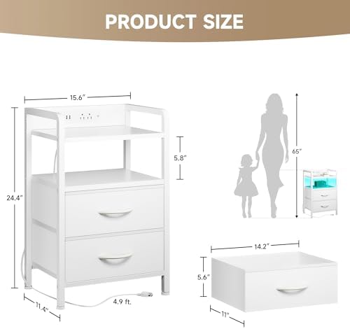 Lazzanto Nightstand with Rear Charging Station, LED Light, 2 Drawers, White
