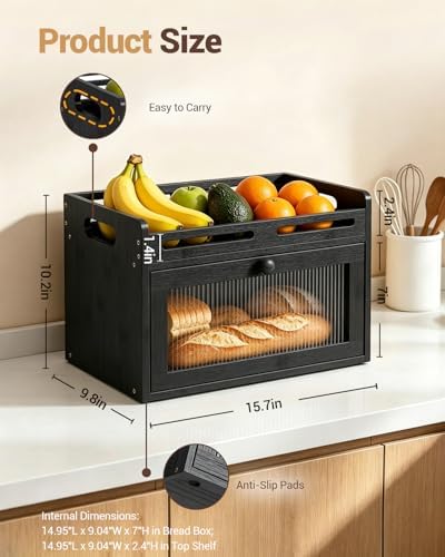 Bread Box for Kitchen Countertop, Bamboo Storage with Top Shelf, Black