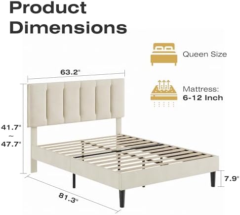 VECELO Queen Size Bed Frame with Upholstered Headboard, Pale Beige