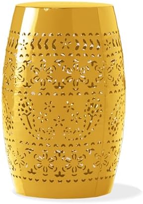 Christopher Knight Home Zoey Small Outdoor Side Table, Lace Cut Iron End Table, Metal Outdoor Stool, Hollow Drum Round Side Table, Decorative Garden Stool with Cutout Design for Patio Balcony, Yellow