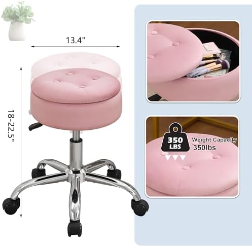 Pink Swivel Vanity Stool With Storage Vanity Chair with Wheels Ottoman