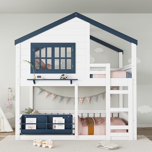 Full Over Full Size House Bunk Bed with Storage Bookshelf, White