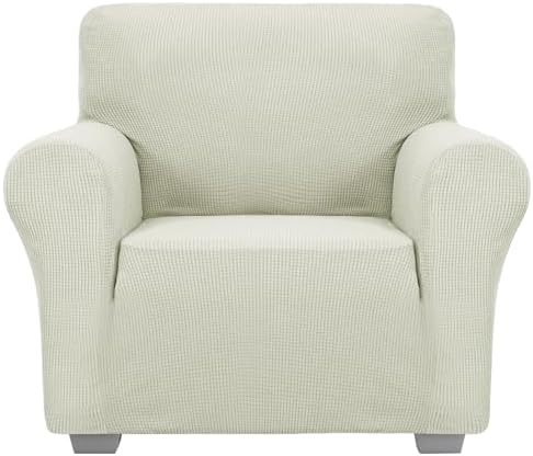 JIVINER Super Stretch Chair Sofa Slipcovers 1-Piece Jacquard Chair Covers for Living Room Soft Anti Slip 1 Seater Couch Furniture Protector Small Checks for Kids Pets (Chair, Natural)